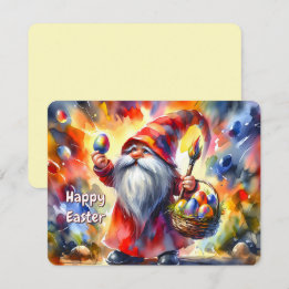 Easter Gnome holding Colourful Egg in Hand -  Holiday Card