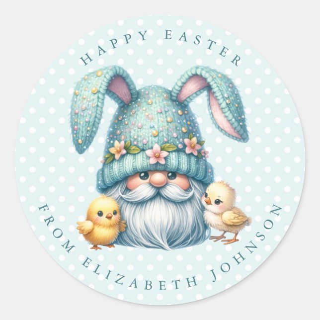 Easter Gnome Personalised Name Round Stickers (Front)