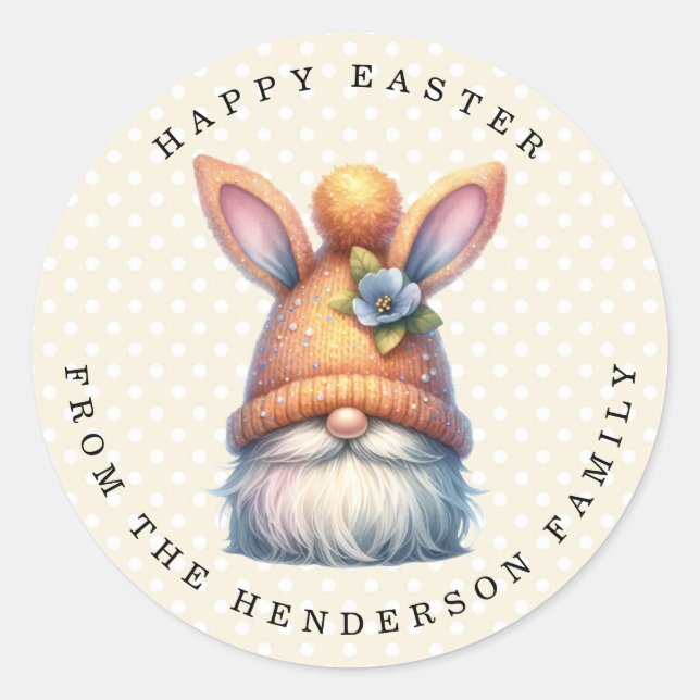 Easter Gnome Personalised Name Round Stickers (Front)