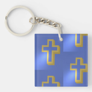 Easter Gold Christian Religious Cross Blue Pattern Key Ring