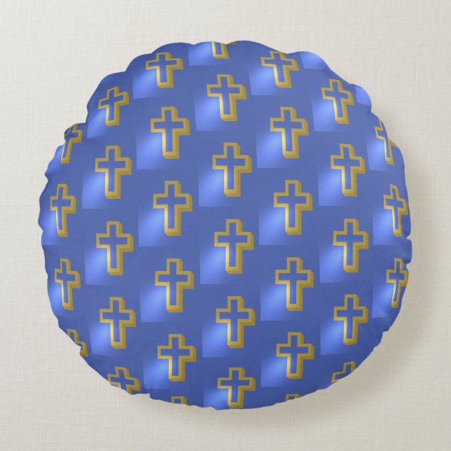 Easter Golden Christian Religious Lit Cross Blue Round Cushion (Front)