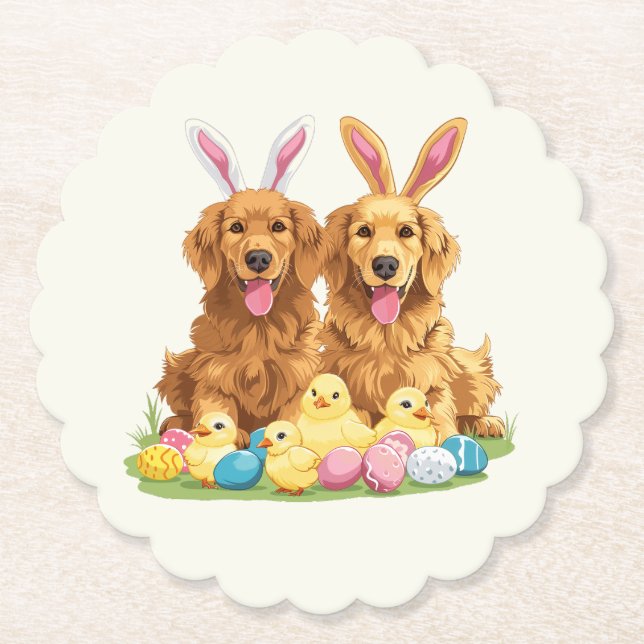Easter Golden Retriever Dogs Bunny Ears Paper Coaster (Front)