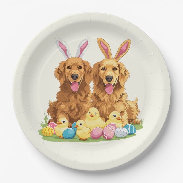 Easter Golden Retriever Dogs Bunny Ears Paper Plate (Front)