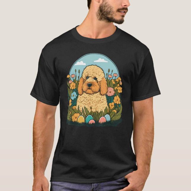 Easter Goldendoodle Bunny Eggs Dog on Easter Golde T-Shirt (Front)