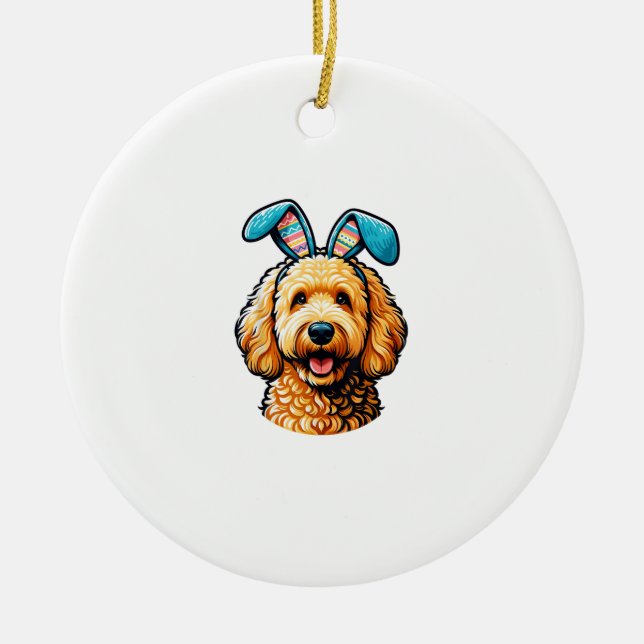 Easter Goldendoodle Dog Wearing Bunny Ears, Easter Ceramic Tree Decoration (Front)