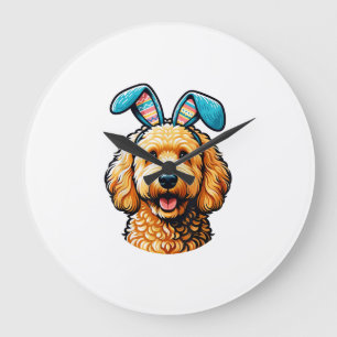 Easter Goldendoodle Dog Wearing Bunny Ears, Easter Large Clock