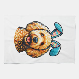 Easter Goldendoodle Dog Wearing Bunny Ears, Easter Tea Towel