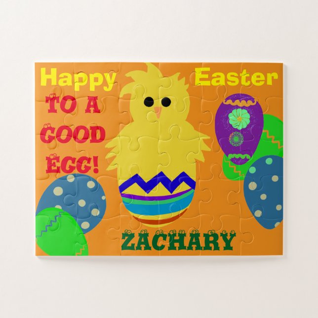 Easter Good Egg Yellow Chick Personalised NAME Jigsaw Puzzle (Horizontal)