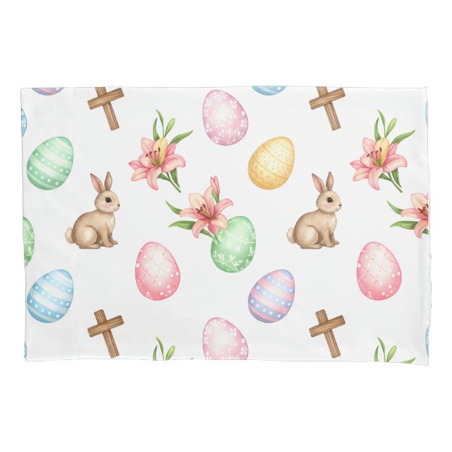 Easter Grace – Seamless Pastel Bunny & Cross Patte Pillowcase (Front)