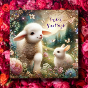 Easter Greetings Art Nouveau Lamb Bunny Woodland  Holiday Card