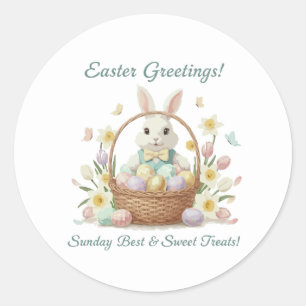 "Easter Greetings Bunny & Basket Watercolor Holid Classic Round Sticker