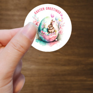 Easter Greetings Bunny Inside Egg Custom Classic Round Sticker