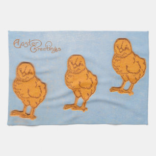 Easter Greetings Chicks in Blue Tea Towel