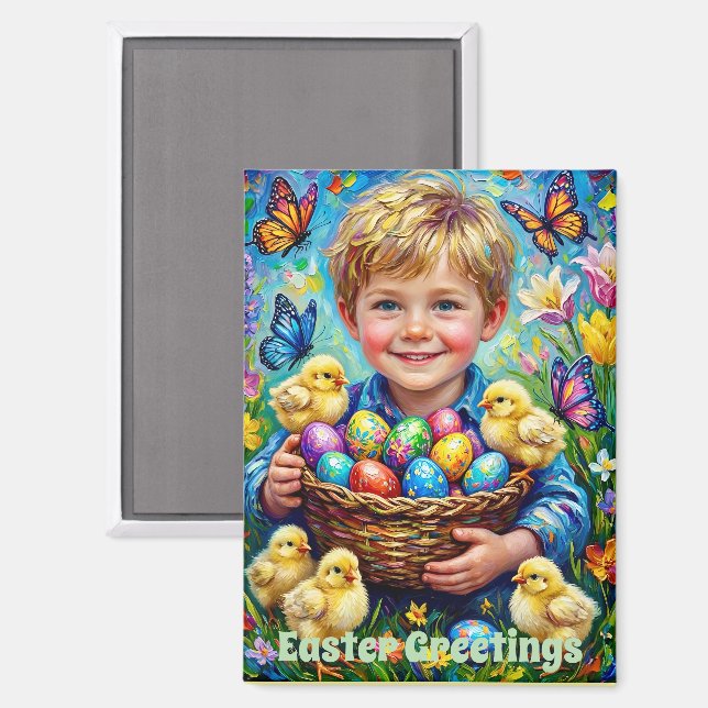 ~ EASTER GREETINGS ~ Child Chicks Eggs ~  Magnet (Front/Back)