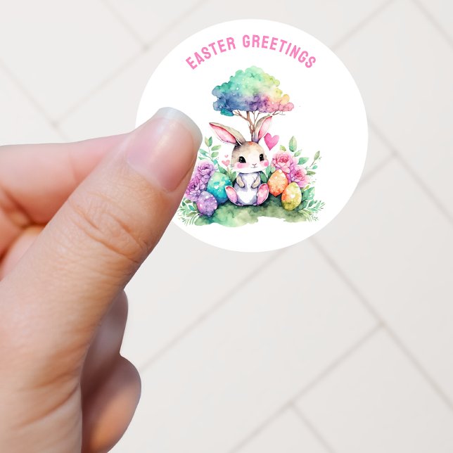 Easter Greetings Colourful Bunny Custom Classic Round Sticker (Creator Uploaded)