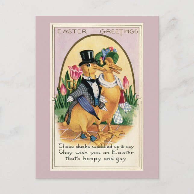 Easter Greetings cute Victorian ducks couple verse Holiday Postcard (Front)