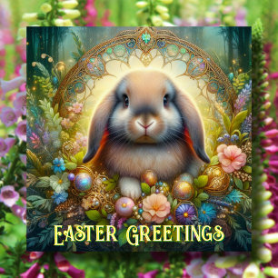 Easter Greetings Lop Eared Bunny Flowers Holiday Card