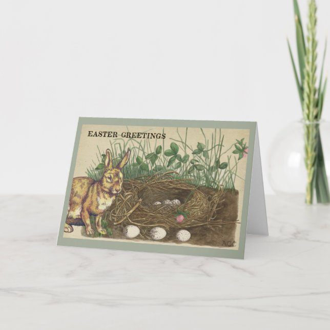 Easter Greetings rabbit, eggs, nest, grass, clover Holiday Card (Front)