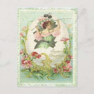 Easter Greetings Vintage Egg Woman Floral Postcard
