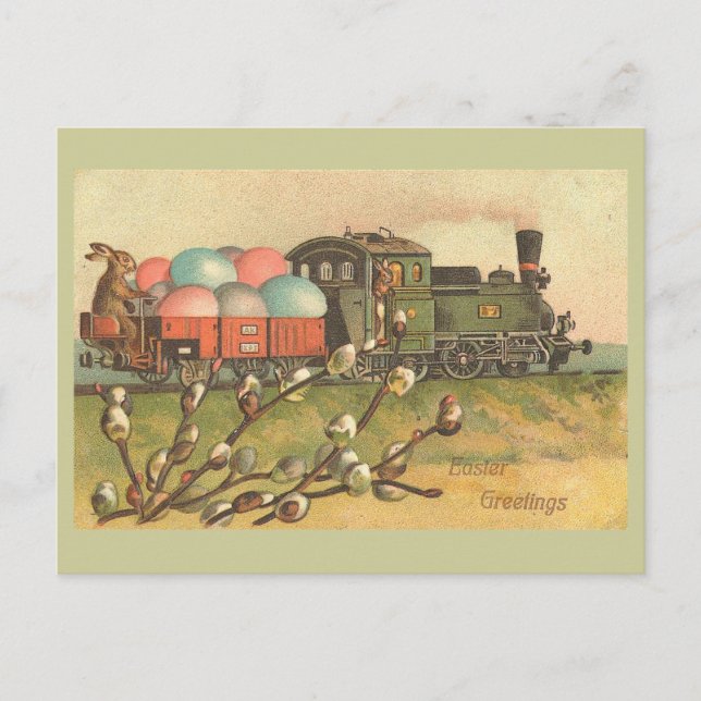 Easter Greetings With Egg Train Vintage Holiday Postcard (Front)