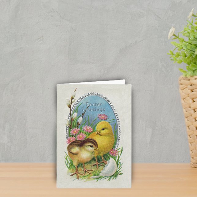 Easter Greetings Yellow Chicks Flowers Holiday Card (Cute vintage yellow Easter chicks hatched from egg on blue white with flowers Easter Greeting Card.)
