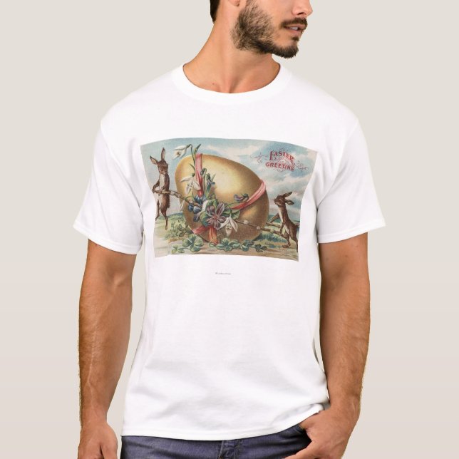 Easter GreetingsRabbits by a Decorated Egg T-Shirt (Front)