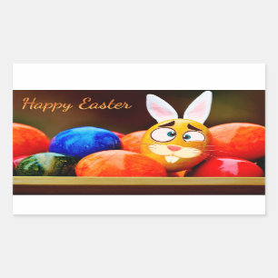 Easter - "Happy Easter" - Bunny/Eggs Rectangular Sticker