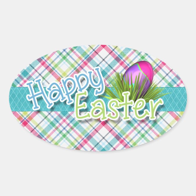 Easter - "Happy Easter" Word Art on Stripes Oval Sticker (Front)