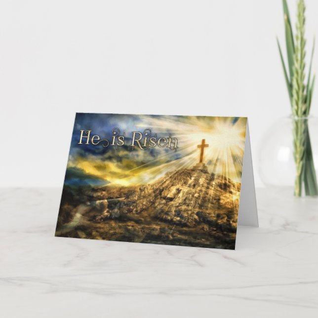Easter He is Risen Christian Golden Cross Holiday Card (Front)