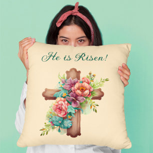 Easter “He is Risen” Floral Cross Cushion