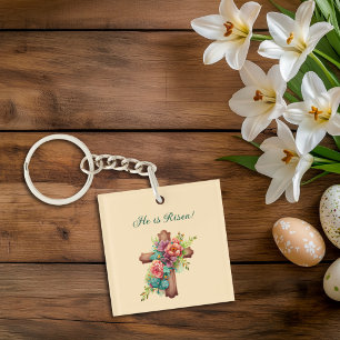 Easter “He is Risen” Floral Cross Key Ring