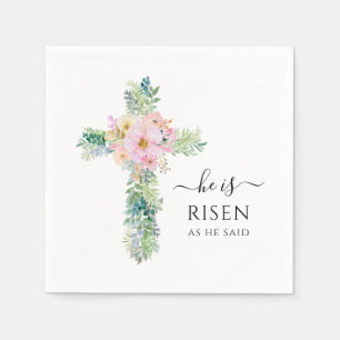 Easter He is Risen Watercolor Greenery Cross Napkin
