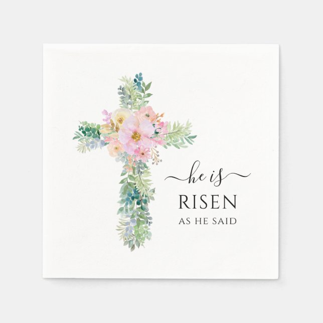 Easter He is Risen Watercolor Greenery Cross Napkin (Front)