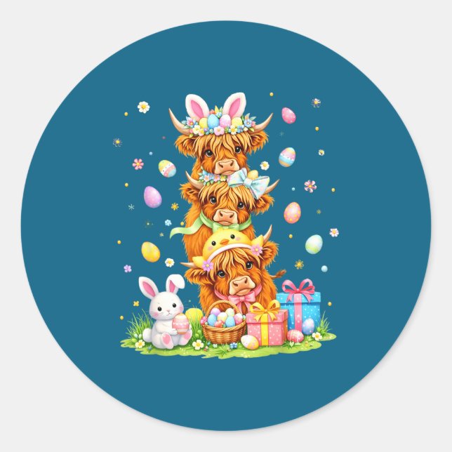 Easter highland cows coquette bow bunny eggs easte classic round sticker (Front)