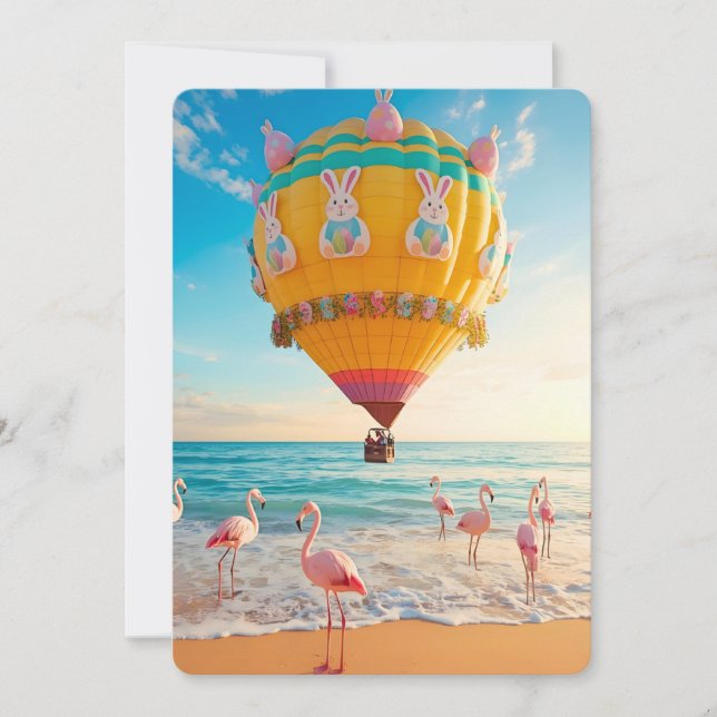 Easter Hot Air Balloon and Flamingos on Beach Holiday Card (Front)