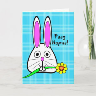 Easter in Welsh, Pasg Hapus, Bunny with Flower Holiday Card