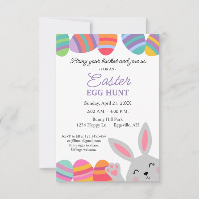 Easter Invitation Cute Bunny Pretty Eggs (Front)