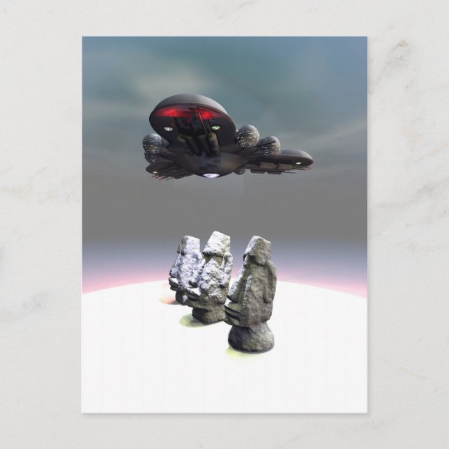 Easter Island Heads and UFO Postcard (Front)