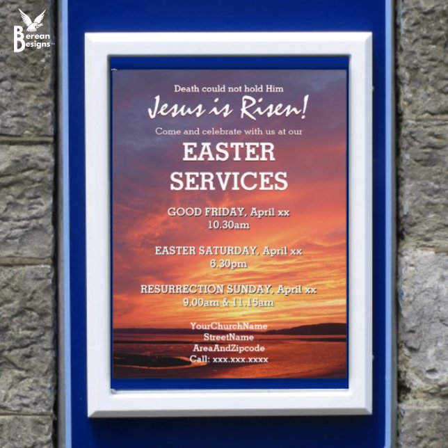 EASTER Jesus is Risen CHURCH SERVICES Customized Poster (Jesus is Risen Easter Services poster which can be placed in a display board)