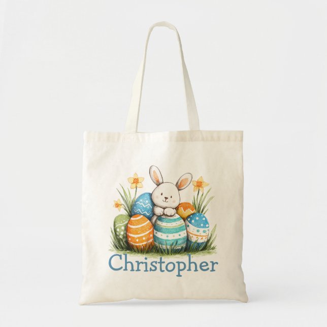 Easter Kids Name Boys Bunny Rabbit Tote Bag (Front)