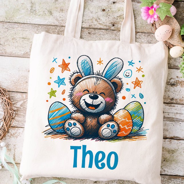  Easter Kids Name Boys Bunny Teddy Bear Tote Bag (Teddy Bear Easter Kids Tote)