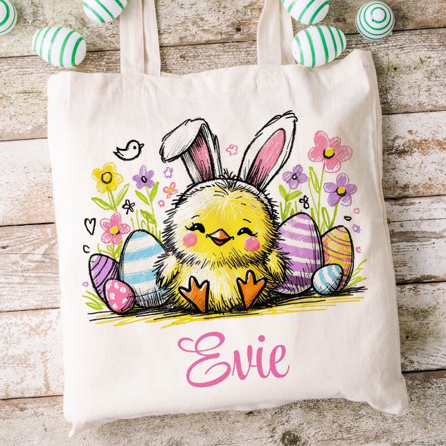 Easter Kids Name Girls Bunny Chick Tote Bag (Chick Girls Easter Tote)