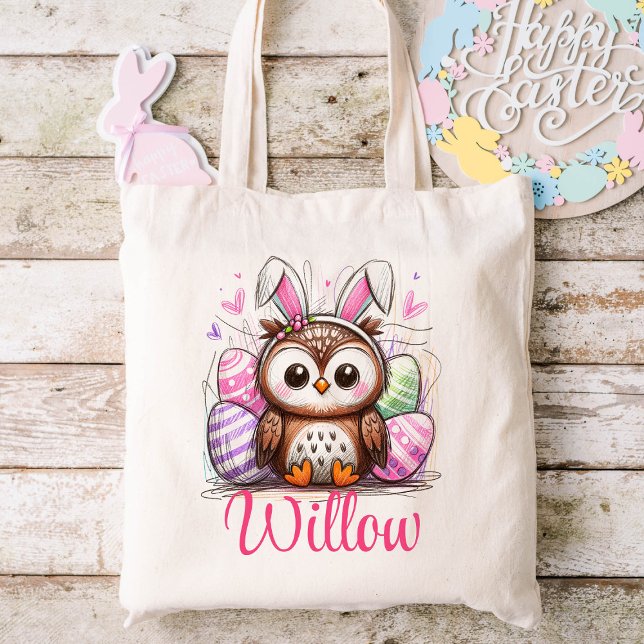 Easter Kids Name Girls Bunny Owl Tote Bag (Custom Easter Hunt Bag)