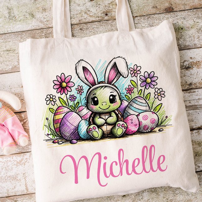 Easter Kids Name Girls Bunny Turtle  Tote Bag (Turtle Girls Easter Tote)