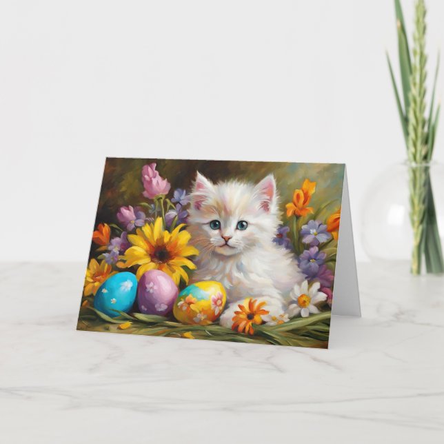 Easter Kitten with Flowers and Painted Eggs  Holiday Card (Front)