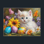 Easter Kitten with Flowers and Painted Eggs  Holiday Postcard<br><div class="desc">Easter illustration with cute white kitten and spring flowers</div>