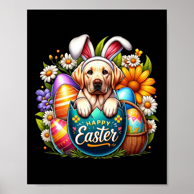 Easter Labrador Puppy Floral Easter Colourful Eggs Poster (Front)