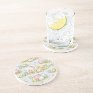 Easter Lamb And Chick Watercolor Floral Spring Coaster