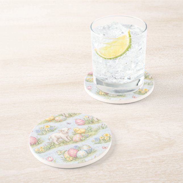 Easter Lamb And Chick Watercolor Floral Spring Coaster (Side)