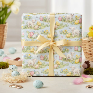 Easter Lamb And Chick Watercolor Floral Spring Wrapping Paper